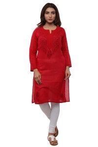 For 840/- BDS Chikan Pure Cotton Red Colour kurti For Woman Red Colour Thread Work at Amazon India